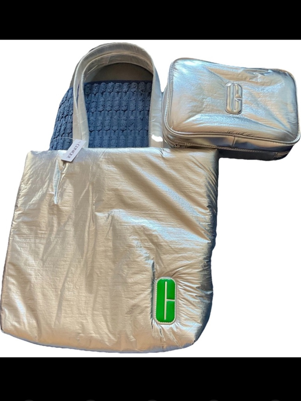 CLINIQUE Limited Edition LG Metallic Puffed Soft Tote Bag & Toiletry Bag NWT
